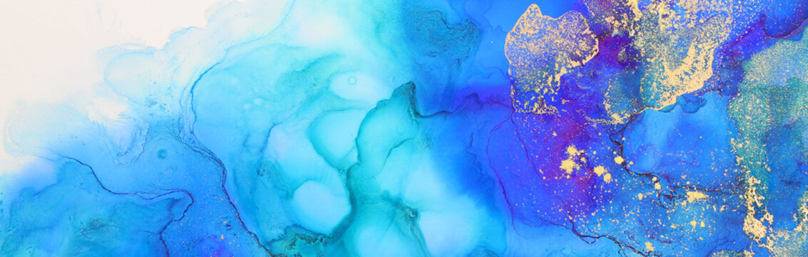 art photography of abstract fluid art painting with alcohol ink, blue and gold colors