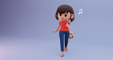 3D render illustration of short hair cute girl, teenager walking and carrying bag with space for text and a music note symbol,