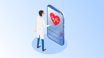 The doctor conducts a study of the work of the heart whose state is displayed on the phone screen. Concept of modern technologies in medicine. Telemedicine.