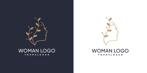 Woman face combine with leaf logo design golden gradient colors concept Premium Vector