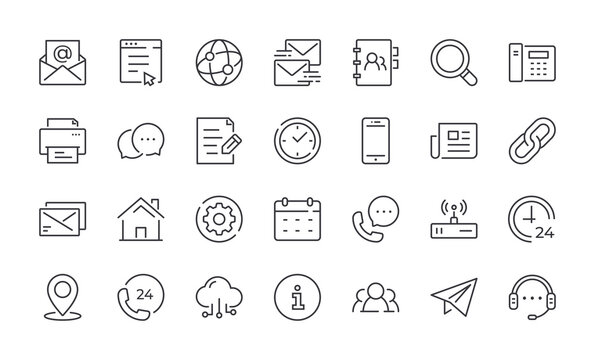 Contact Line Icons. Editable Stroke Linear Icon Set For Mobile And Web. Contains Such Icons As Chat, Email, Phone, Location, Support. Vector Illustration