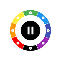 A large black pause symbol in the center, surrounded by eight white symbols on a colored background. Background of seven rainbow colors and black. Vector illustration on white background