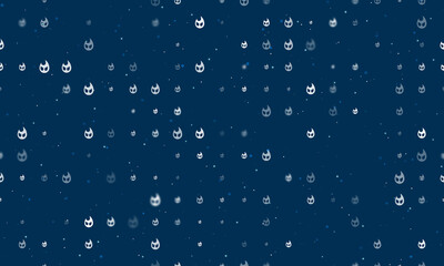 Seamless background pattern of evenly spaced white fire symbols of different sizes and opacity. Vector illustration on dark blue background with stars