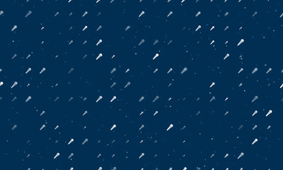 Seamless background pattern of evenly spaced white microphone symbols of different sizes and opacity. Vector illustration on dark blue background with stars