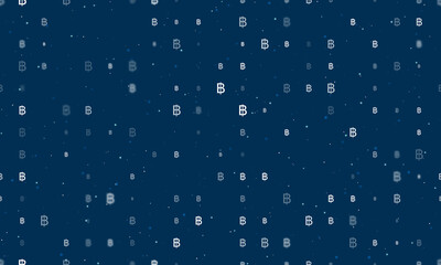 Seamless background pattern of evenly spaced white thai baht symbols of different sizes and opacity. Vector illustration on dark blue background with stars