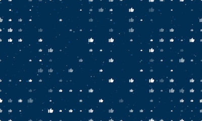 Seamless background pattern of evenly spaced white thumb up symbols of different sizes and opacity. Vector illustration on dark blue background with stars