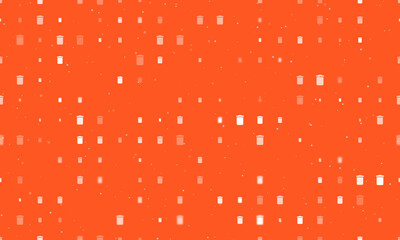 Seamless background pattern of evenly spaced white trash symbols of different sizes and opacity. Vector illustration on deep orange background with stars