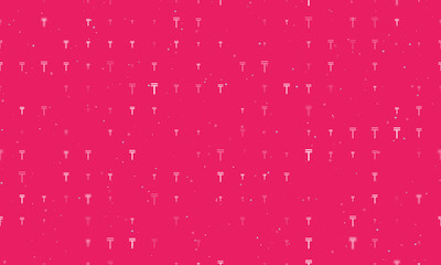 Seamless background pattern of evenly spaced white tenge symbols of different sizes and opacity. Vector illustration on pink background with stars