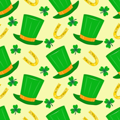 Seamless pattern of shamrock, horseshoe and green hat for the St. Patricks Day holiday. Vector illustration.