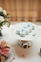 Pastel white and blue wedding cakes, dessert table for a wedding party. Wedding cookies decorated on a stand 