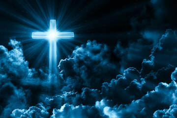Background for card happy easter. Dark sky with cross, cloud. Concept of christian religion shining...
