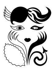 minimal abstract 20s woman with devil tail and feather on head