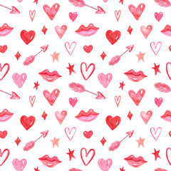 Watercolor cute Valentines themed pattern with pink elements. Red hearts, lips, cupid arrows on white background. Holiday print. Cartoon style hand painted graphic.