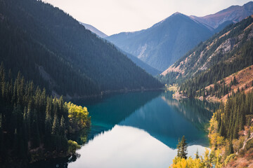 Landscape view of Lower Kolsai Lake in Kolsai Lakes National Park, located on the north slope of the Tian Shan Mountains in southeast Kazakhstan.