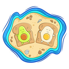 Avocado and egg on bread toast lie on the beach near the water. Vector illustration isolated on white background. 