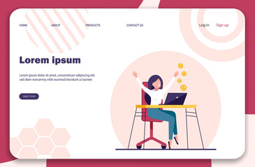 Woman with laptop makes money. Freelancer working on laptop, it's time to make money