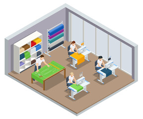 Isometric sewing workshop collection. Textile industry. Sewing accessories and fabric on a white background. Tailoring industry, fashion designer workshop, industry concept