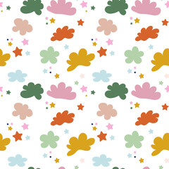 Fototapeta na wymiar Cute seamless pattern, for baby products. Hand drawn colorful clouds and stars