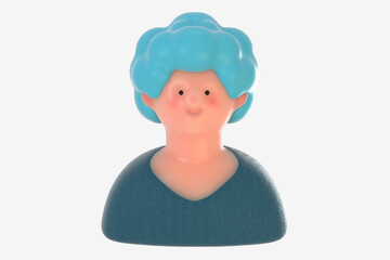 3D Bright people portrait - 3D render design concept illustration of a plastuc doll of a young woman, face and shoulders avatar. User picture volumetric icon