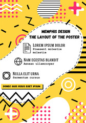 Memphis style poster, banner or social media ad, yellow, pink abstract colorful background