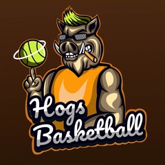 Hog with basketball mascot logo. easy to edit and customize
