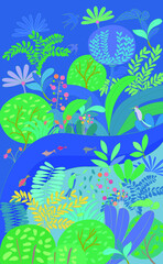 Naklejka na ściany i meble Vector illustration of natural landscape plants flowers and birds