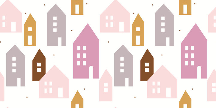 
Seamless background with colorful hand drawn houses. Abstract background in boho style. Great for fabrics, textiles, apparel. Vector illustration