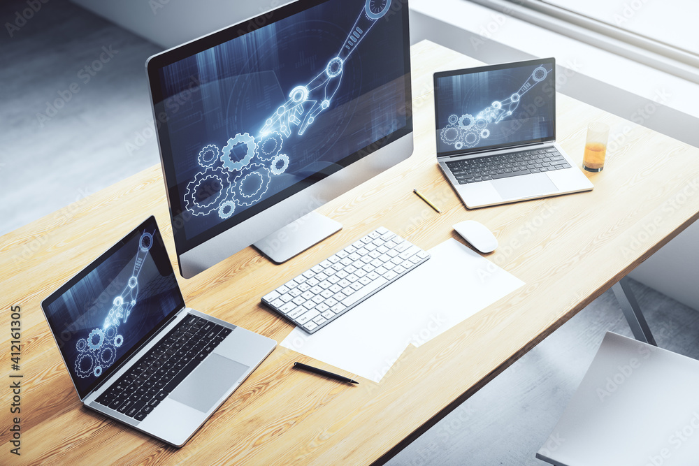 Aufkleber Creative abstract robotics technology sketch on modern laptop monitor, future technology and AI concept. 3D Rendering