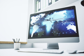 Fototapeta premium Abstract digital world map on modern computer monitor, big data and blockchain concept. 3D Rendering
