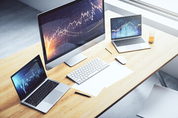 Computer monitor with abstract financial graph, finance and trading concept. 3D Rendering