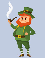 Leprechaun holding smoking pipe. Fairy tale character in cartoon style.