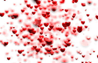 glittering red hearts on a white background, 3d rendering