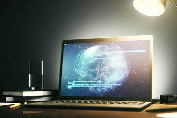 Modern computer screen with abstract graphic coding sketch and world map, big data and networking concept. 3D Rendering