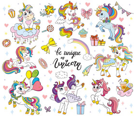 Set of cute cartoon unicorn vector illustration © alinart