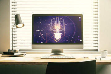 Creative light bulb with chip hologram on modern laptop monitor, artificial Intelligence and neural networks concept. 3D Rendering