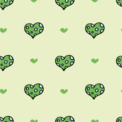 Green background with hearts. Pattern for wrapping paper. Hand drawn icon and symbol for print, poster, sticker, card design. Doodle design elements. 
