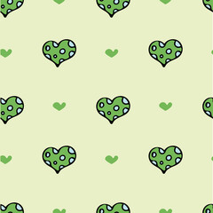 Green background with hearts. Pattern for wrapping paper. Hand drawn icon and symbol for print, poster, sticker, card design. Doodle design elements. 