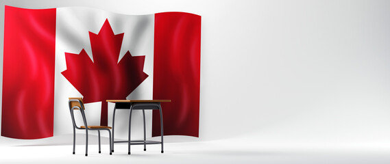 Education concept. 3d of desk and Canada flag on white background. Modern flat design isometric concept of Education. Back to school.