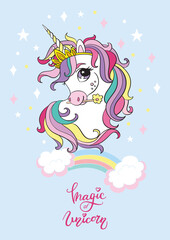 Cute cartoon dreaming unicorn with rainbow. Vector illustration isolated on blue background. Birthday, party concept. For sticker, embroidery, design, decoration, print, t-shirt and dishes