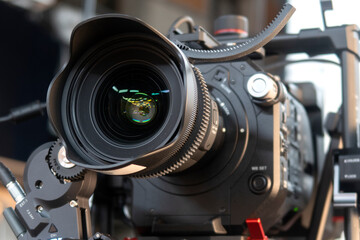 Fototapeta na wymiar close up of video camera in TV studio