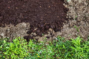 background with fresh digged soil on a field, compost and humus on it