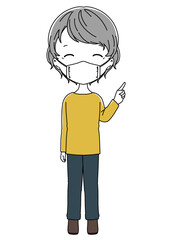 指差し案内をしているマスク姿の笑顔のおばあちゃんの全身イラスト