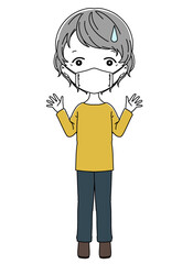 驚き困った表情のマスク姿のおばあちゃんの全身イラスト