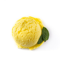 Lemon ice cream scoop decorated with mint leaves isolated on white background.Top view