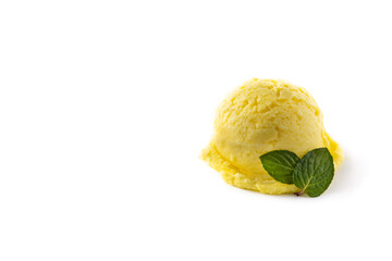 Lemon ice cream scoop decorated with mint leaves isolated on white background.Copy space