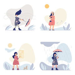 Vector set of 4 stylish girls in walking in different weather. Cute trendy young women walks outdoor. Windy, sunny, rainy. 