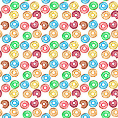 Seamless pattern with colorful donuts. Watercolor drawing of donut isolated on the white background. Hand painted illustration of donut