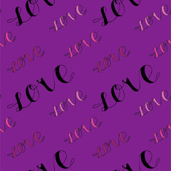 Fototapeta na wymiar Background with repeating word Love. Pattern lettering for wrapping paper. Hand drawn icon and symbol for print, poster, sticker, card design. Doodle design elements. 