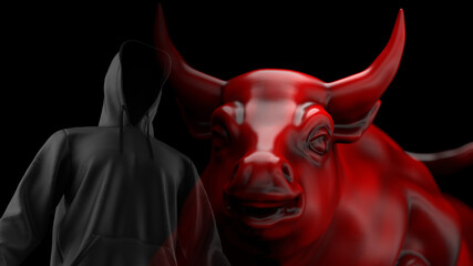 Anonymous hacker with black hoodie and Red painted bull sculpture under spot light. 3D illustration. 3D high quality rendering. 3D CG.