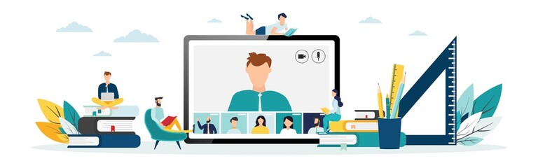 Home education concept. People study at home using a computer. Remote working. Video conference on laptop computer. Work from home and work from anywhere conceptVector illustration